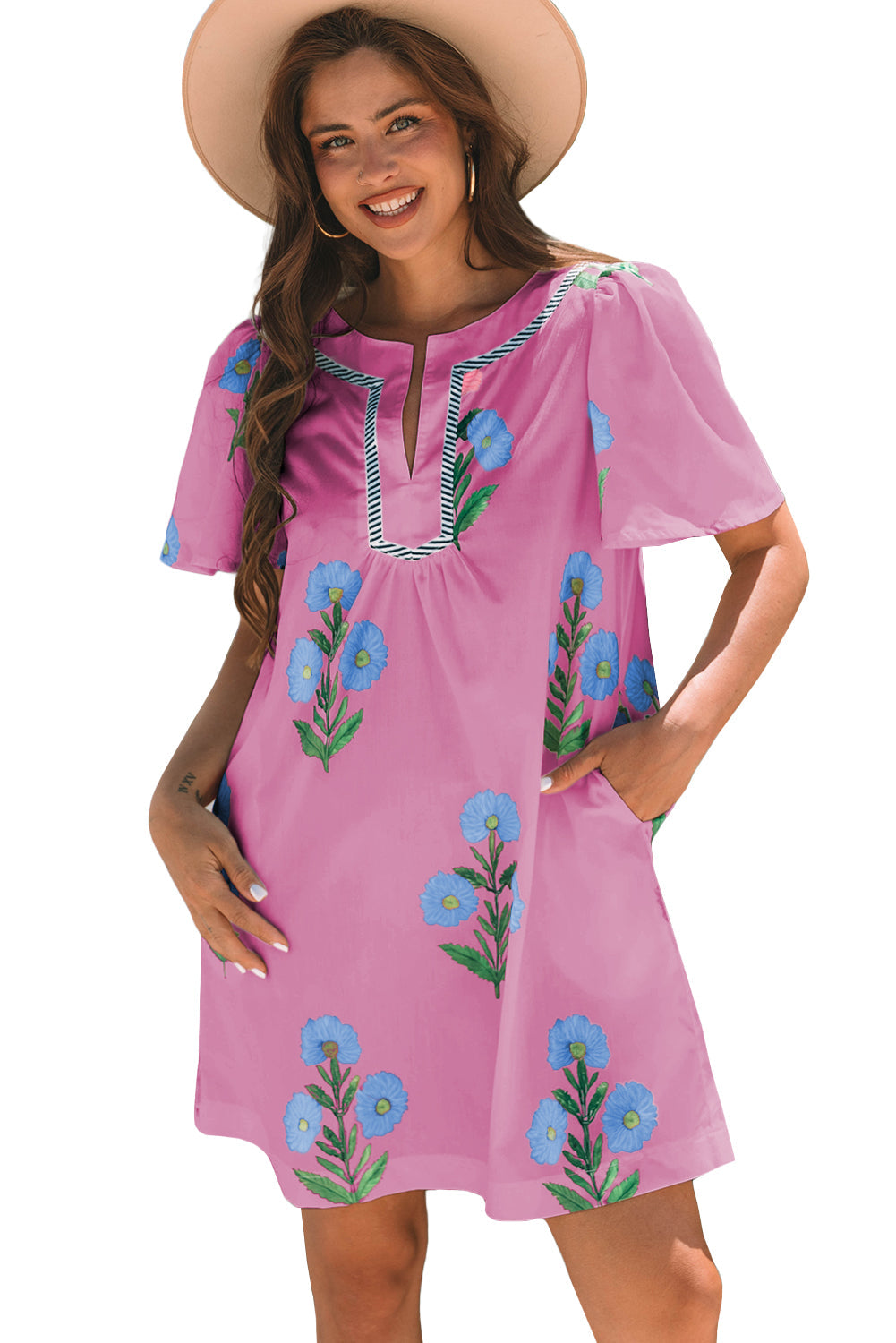 Junara | Zomerse boho-jurk met korte mouwen en split in de hals, casual vakantiekleding
