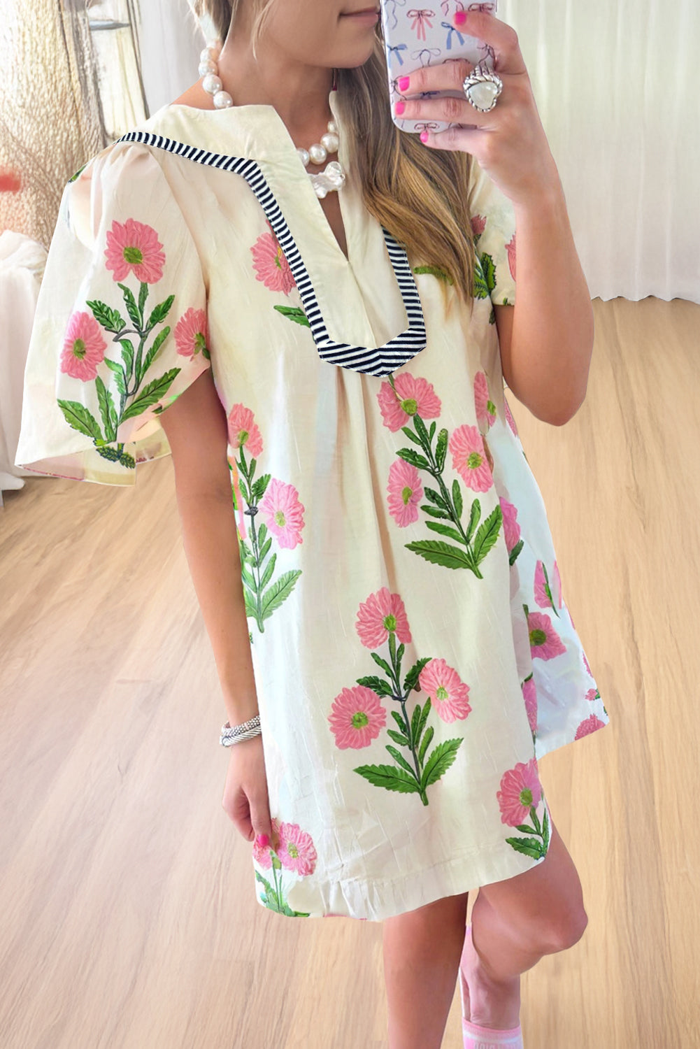 Junara | Zomerse boho-jurk met korte mouwen en split in de hals, casual vakantiekleding