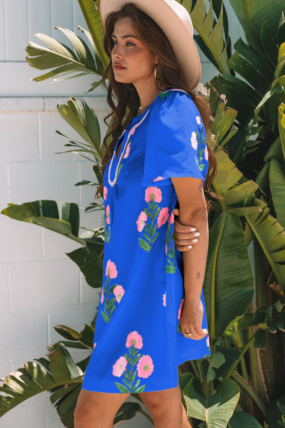 Junara | Zomerse boho-jurk met korte mouwen en split in de hals, casual vakantiekleding