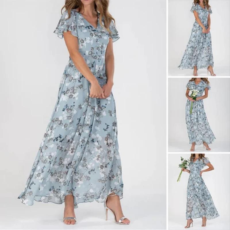 Hinae | Bloemen dames maxi jurk – Zomerse zwierige jurk met korte mouwen