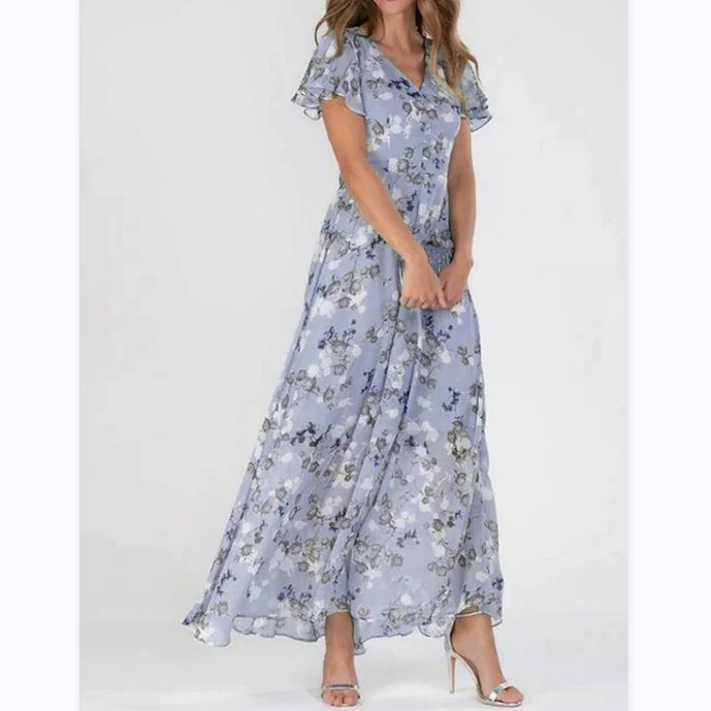 Hinae | Bloemen dames maxi jurk – Zomerse zwierige jurk met korte mouwen