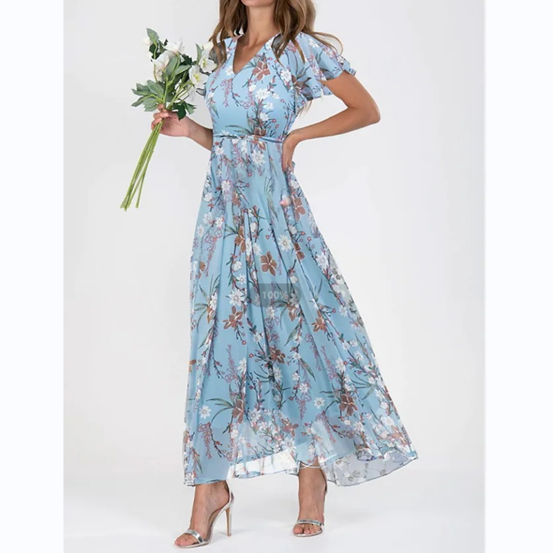 Hinae | Bloemen dames maxi jurk – Zomerse zwierige jurk met korte mouwen