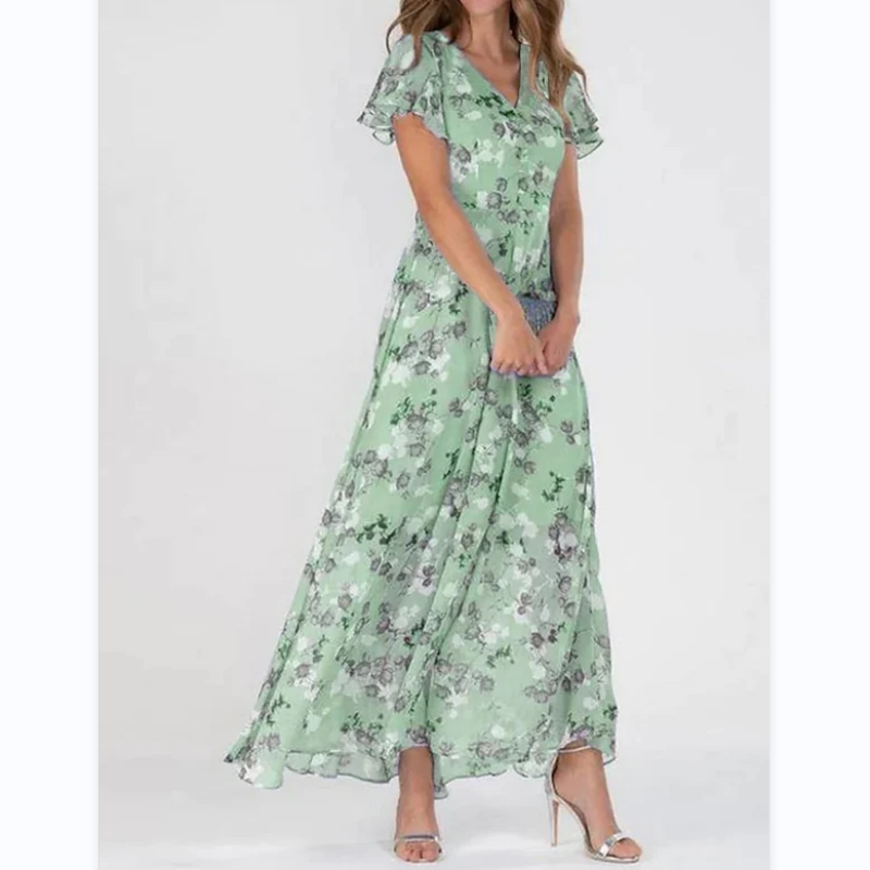 Hinae | Bloemen dames maxi jurk – Zomerse zwierige jurk met korte mouwen