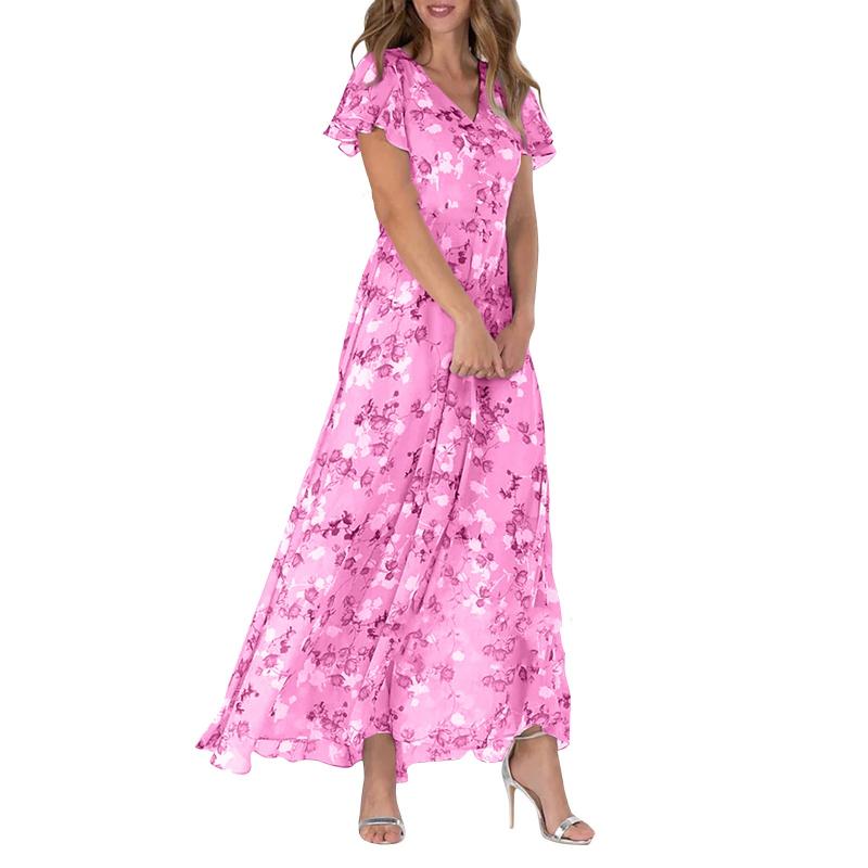Hinae | Bloemen dames maxi jurk – Zomerse zwierige jurk met korte mouwen