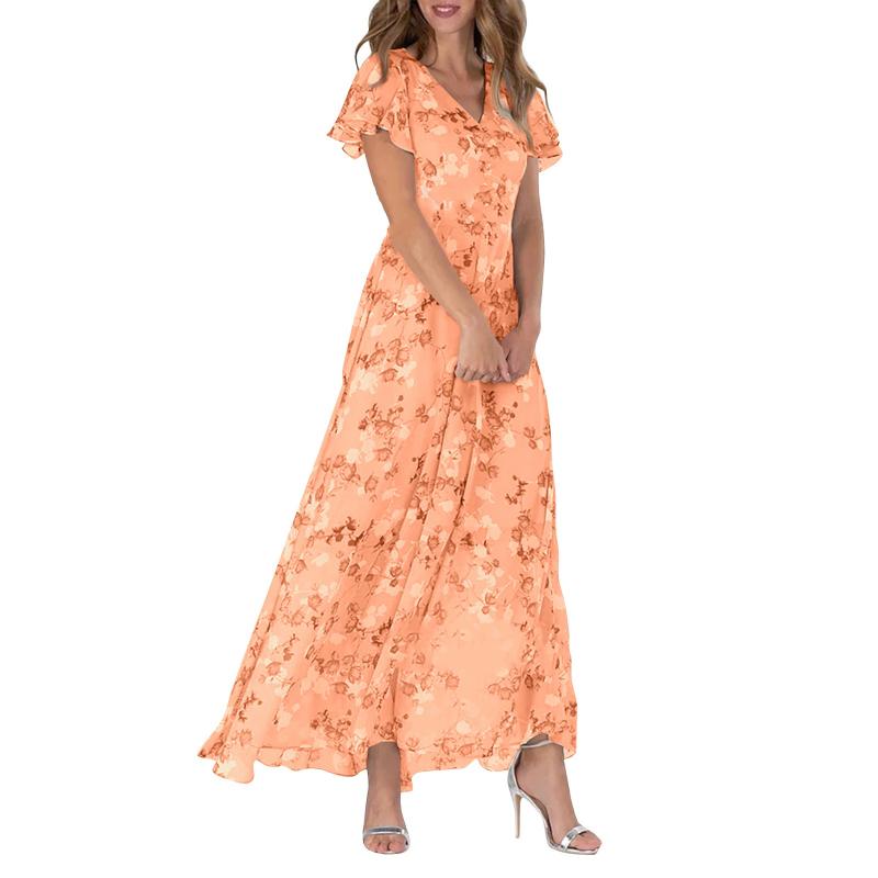 Hinae | Bloemen dames maxi jurk – Zomerse zwierige jurk met korte mouwen