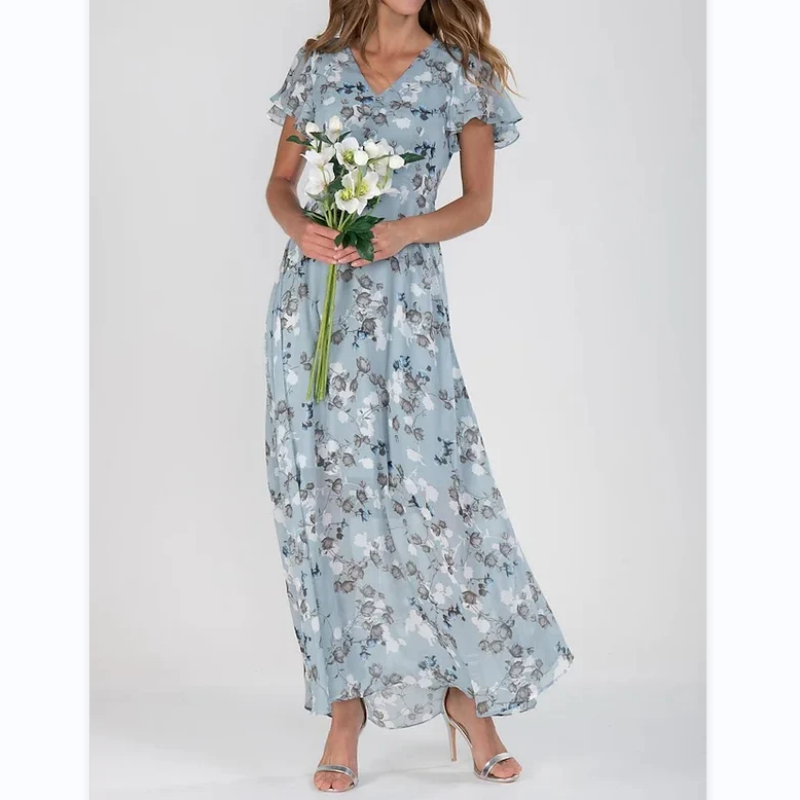 Hinae | Bloemen dames maxi jurk – Zomerse zwierige jurk met korte mouwen