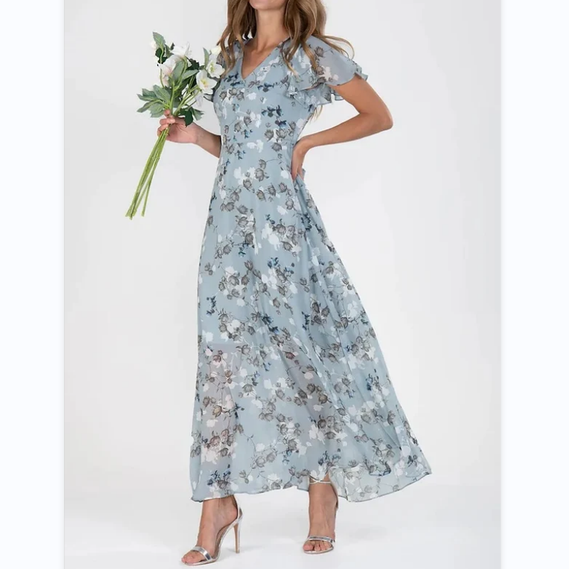 Hinae | Bloemen dames maxi jurk – Zomerse zwierige jurk met korte mouwen