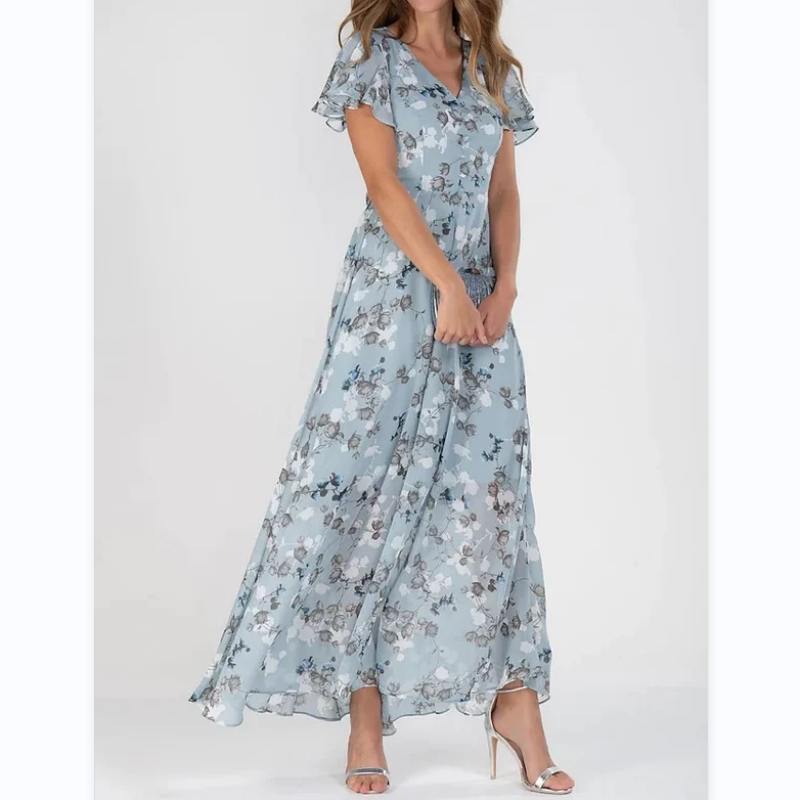 Hinae | Bloemen dames maxi jurk – Zomerse zwierige jurk met korte mouwen