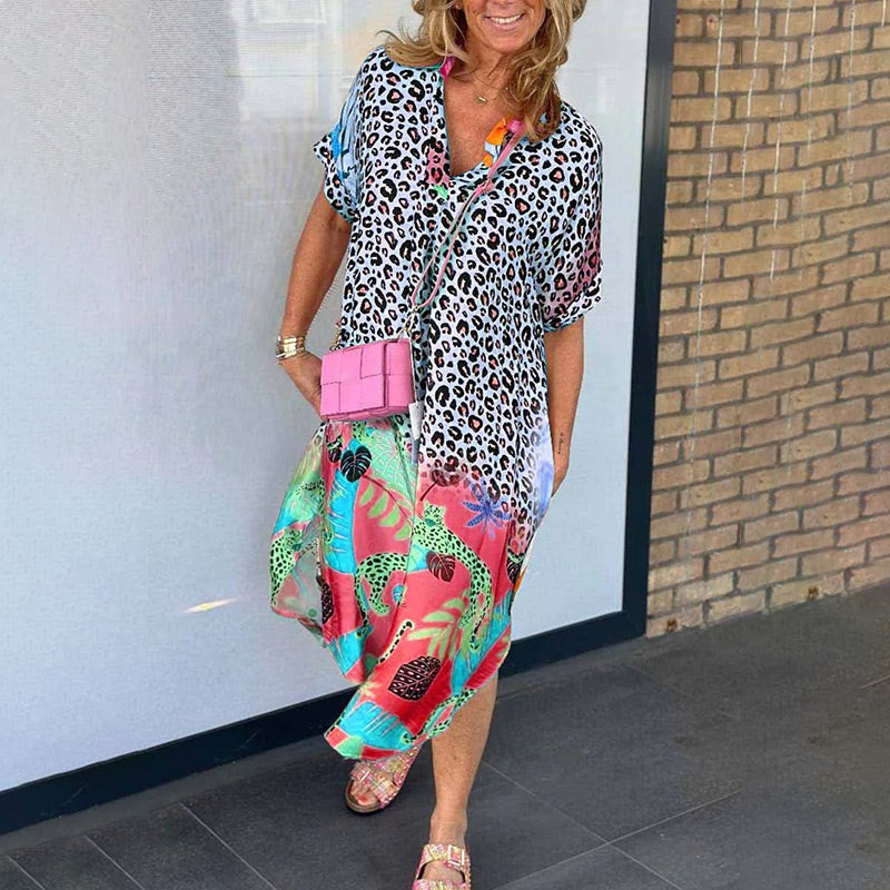 Azmirae | Casual midi-jurk voor dames – elegante dierenprint, korte mouwen, comfortabele zomerjurk