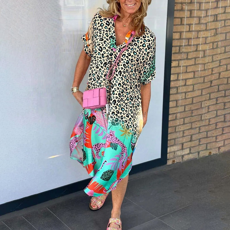 Azmirae | Casual midi-jurk voor dames – elegante dierenprint, korte mouwen, comfortabele zomerjurk