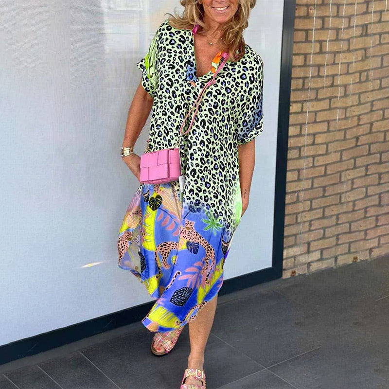 Azmirae | Casual midi-jurk voor dames – elegante dierenprint, korte mouwen, comfortabele zomerjurk
