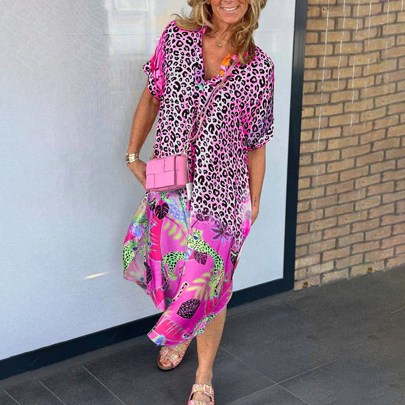 Azmirae | Casual midi-jurk voor dames – elegante dierenprint, korte mouwen, comfortabele zomerjurk