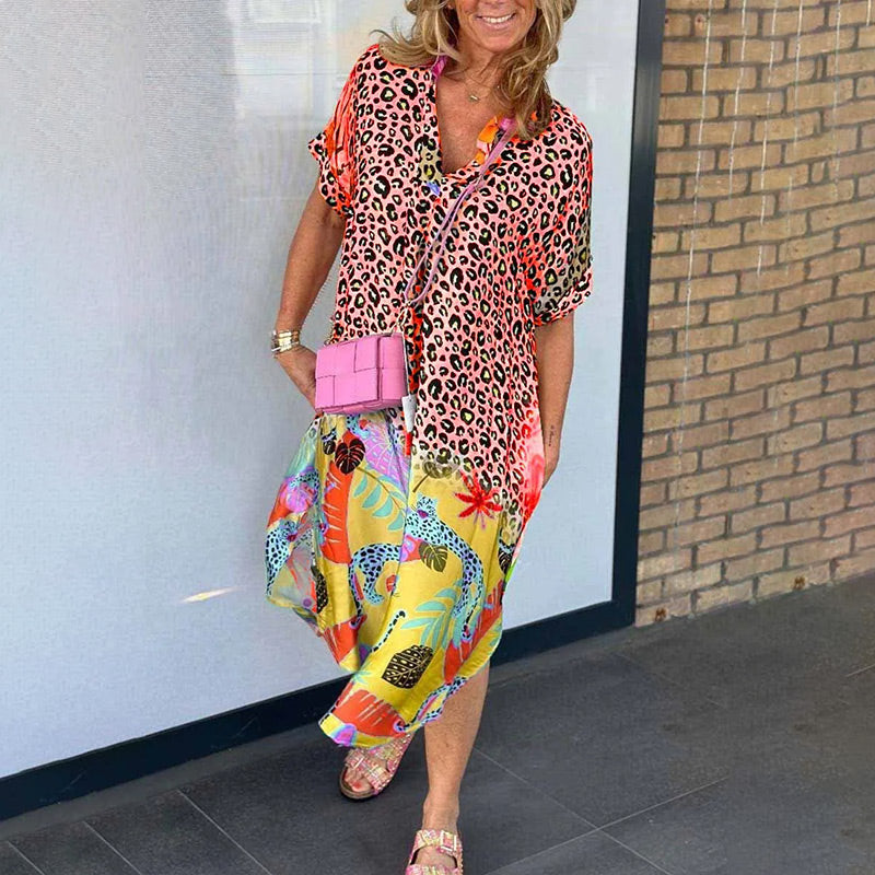 Azmirae | Casual midi-jurk voor dames – elegante dierenprint, korte mouwen, comfortabele zomerjurk