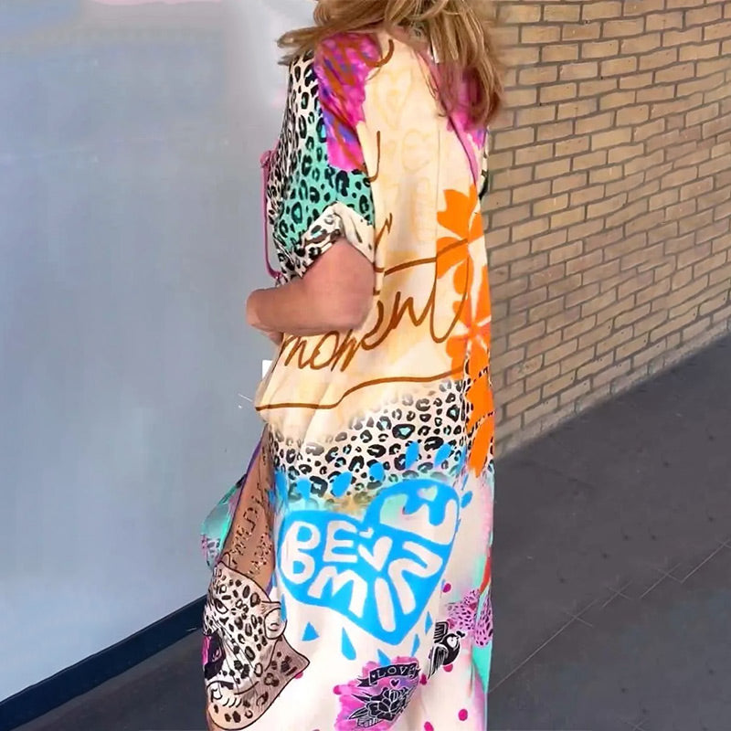 Azmirae | Casual midi-jurk voor dames – elegante dierenprint, korte mouwen, comfortabele zomerjurk