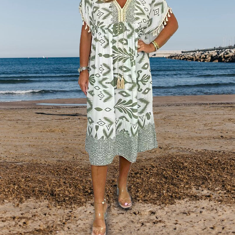 Zymara | V-hals jurk met print – casual zomerse jurk met franjes aan de mouwen voor dames