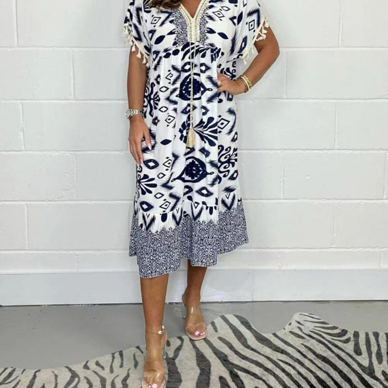 Zymara | V-hals jurk met print – casual zomerse jurk met franjes aan de mouwen voor dames