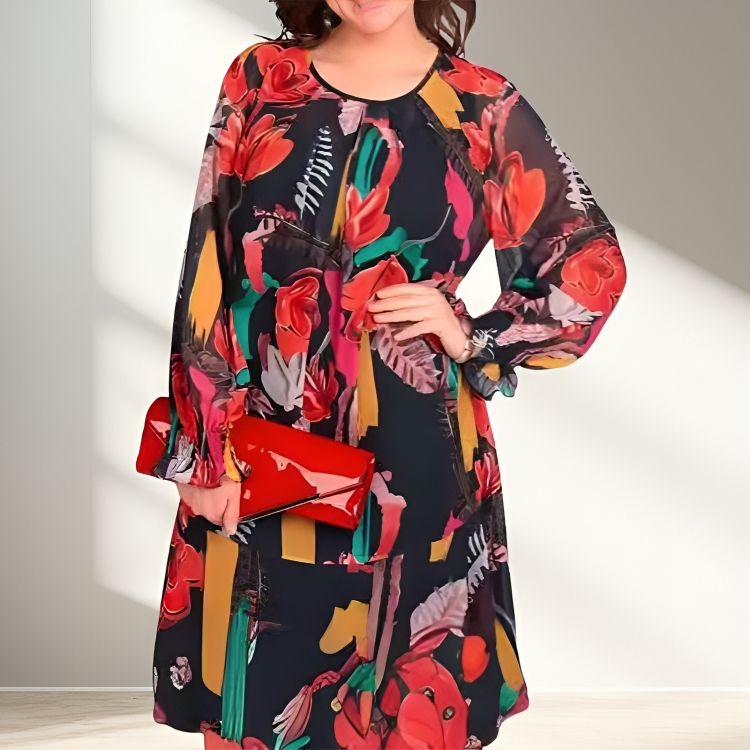Avenly | Losvallende damesjurk met bloemenprint – Midi model met lange mouwen, casual voor dagelijks gebruik