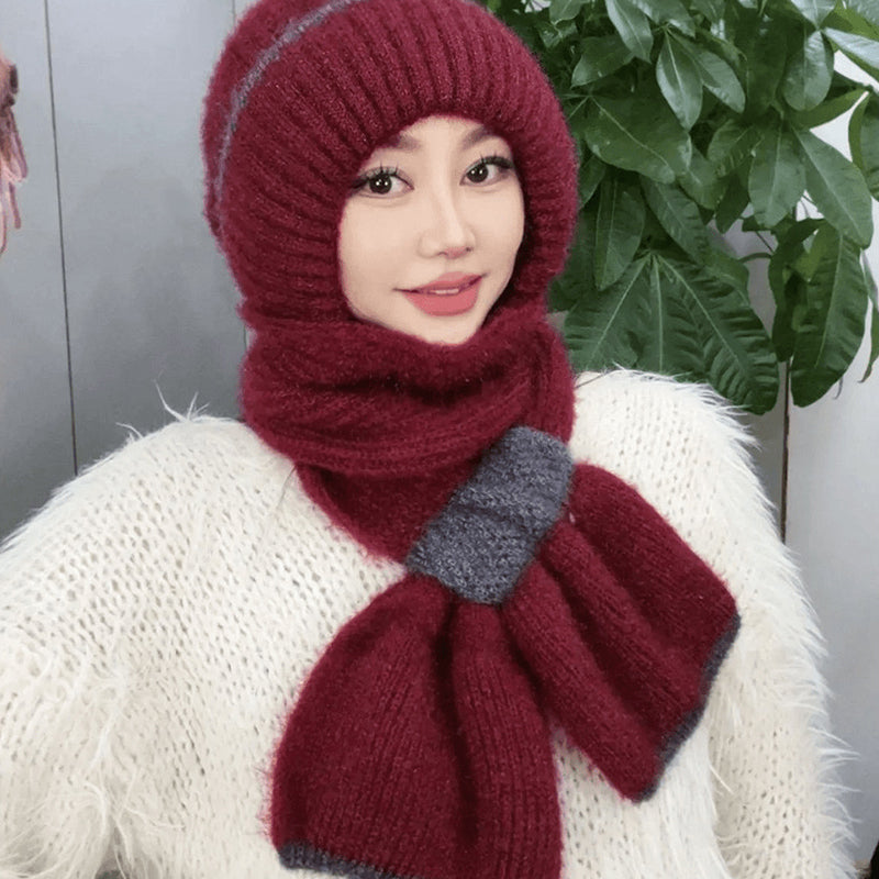 CozyBreeze | Bonnet coupe-vent femme avec écharpe intégrée – Bonnet d'hiver chaud en maille avec protection des oreilles