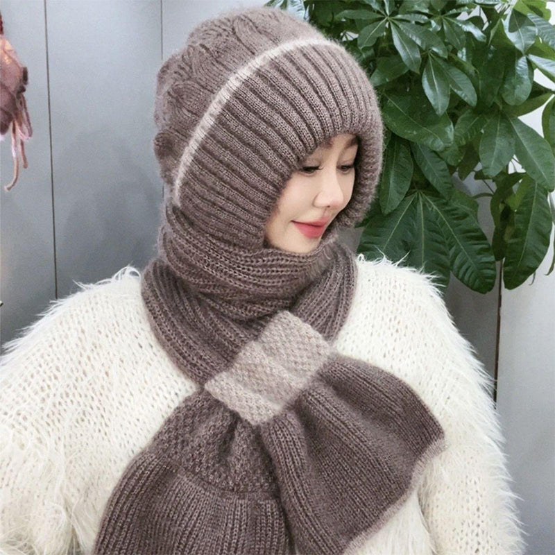 CozyBreeze | Bonnet coupe-vent femme avec écharpe intégrée – Bonnet d'hiver chaud en maille avec protection des oreilles