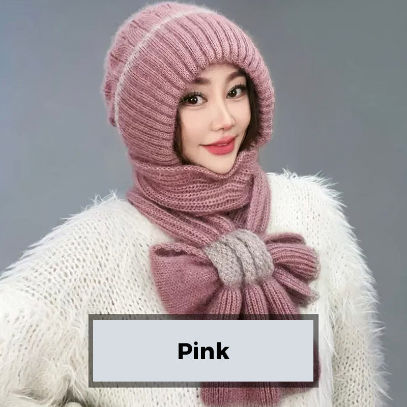 CozyBreeze | Bonnet coupe-vent femme avec écharpe intégrée – Bonnet d'hiver chaud en maille avec protection des oreilles