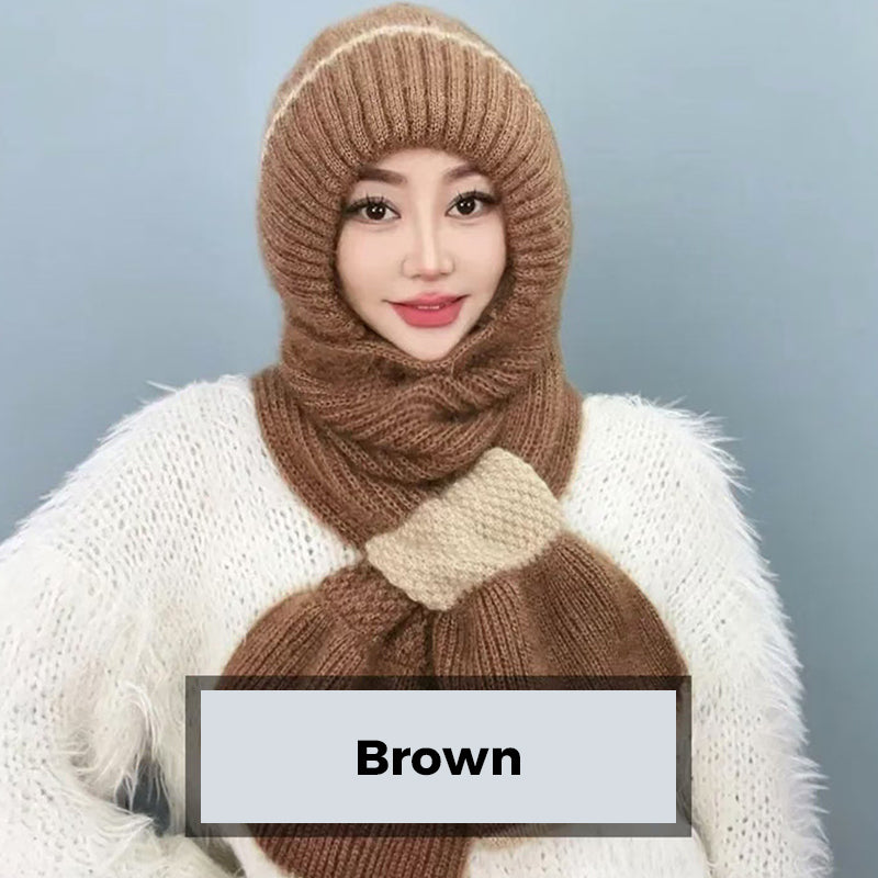 CozyBreeze | Bonnet coupe-vent femme avec écharpe intégrée – Bonnet d'hiver chaud en maille avec protection des oreilles