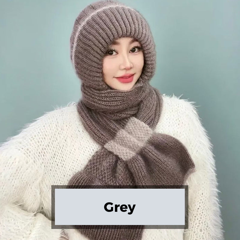 CozyBreeze | Bonnet coupe-vent femme avec écharpe intégrée – Bonnet d'hiver chaud en maille avec protection des oreilles