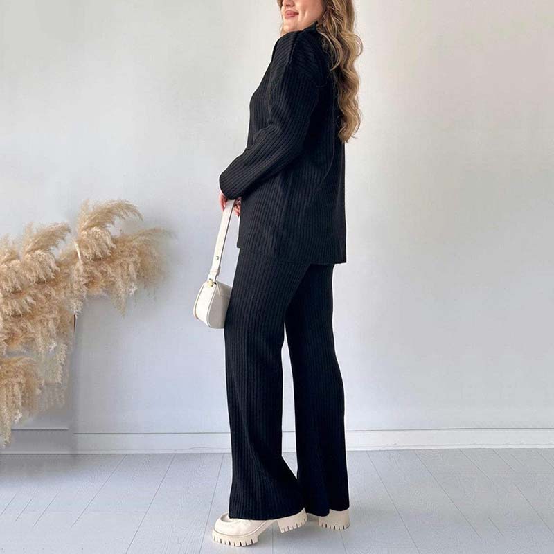 Elorae | Geribbelde gebreide tweedelige set – comfortabele trui en broek met split, loszittende loungewear