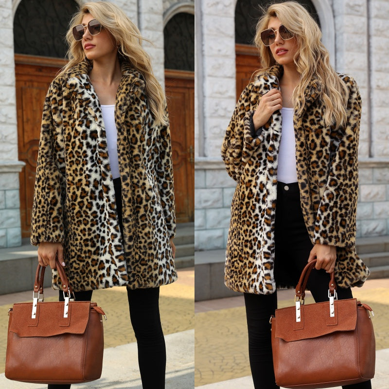 Karinae | Manteau en fausse fourrure imprimé léopard – Manteau d'hiver chaud mi-long à col à revers