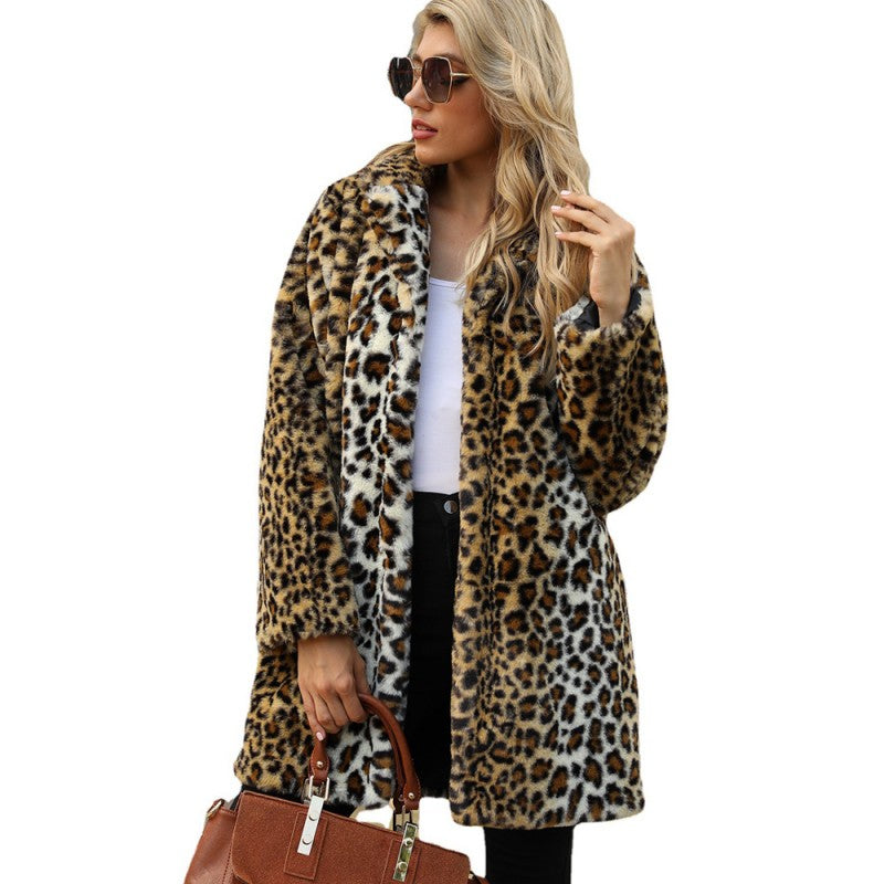 Karinae | Manteau en fausse fourrure imprimé léopard – Manteau d'hiver chaud mi-long à col à revers