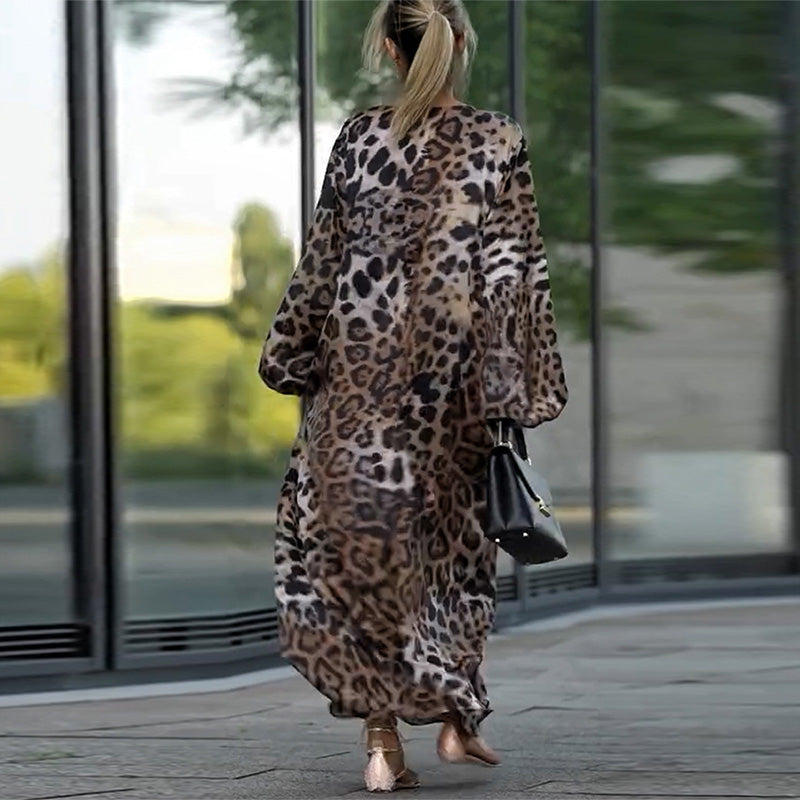 Elinae | Casual midi-jurk met lange mouwen, luchtige en elegante outfit met dierenprint