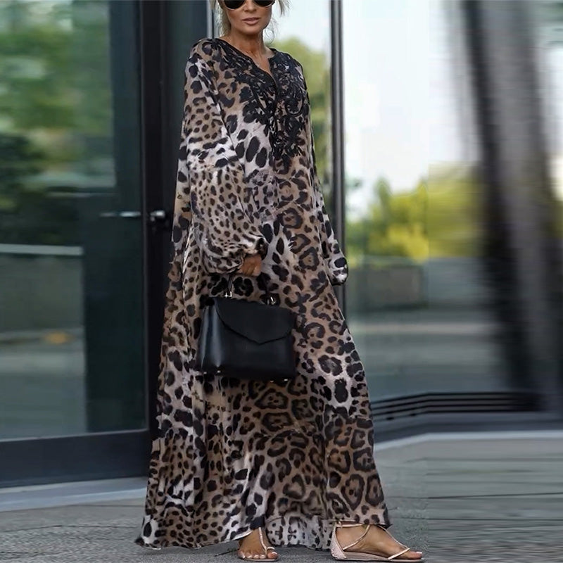 Elinae | Casual midi-jurk met lange mouwen, luchtige en elegante outfit met dierenprint