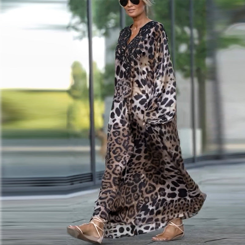 Elinae | Casual midi-jurk met lange mouwen, luchtige en elegante outfit met dierenprint