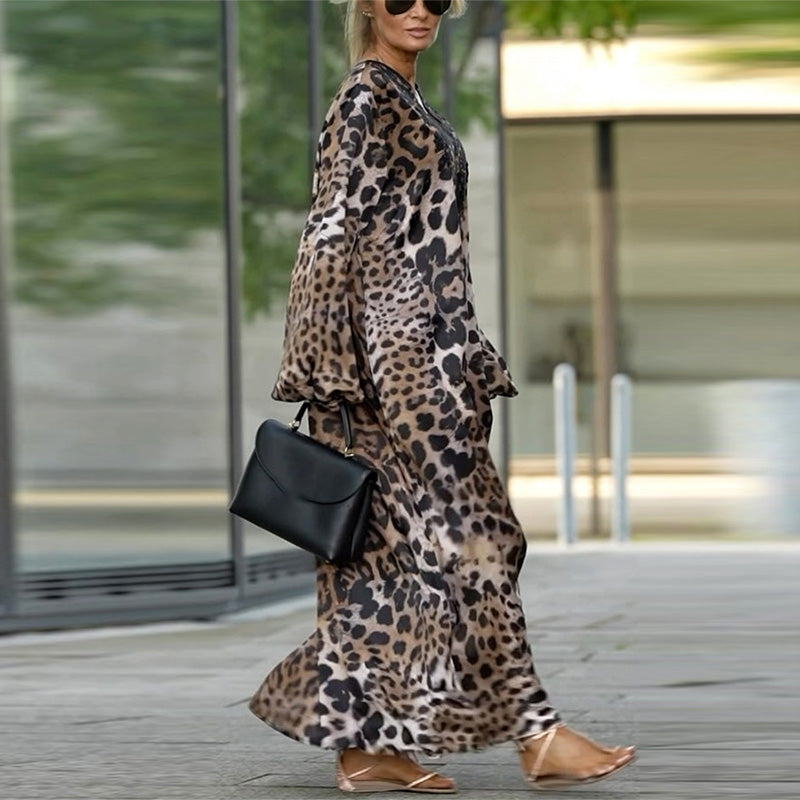 Elinae | Casual midi-jurk met lange mouwen, luchtige en elegante outfit met dierenprint