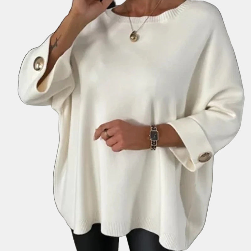 Rhiella | Gebreide top met 3/4 mouwen en knoopaccent – Zacht, ademend, casual en geschikt