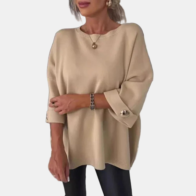 Rhiella | Gebreide top met 3/4 mouwen en knoopaccent – Zacht, ademend, casual en geschikt