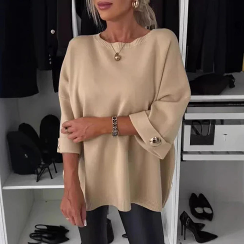 Jelisse | Locker sitzendes Stricktop für Damen – Lässiges und schickes Shirt mit 3/4-Ärmeln und Knopfdetails