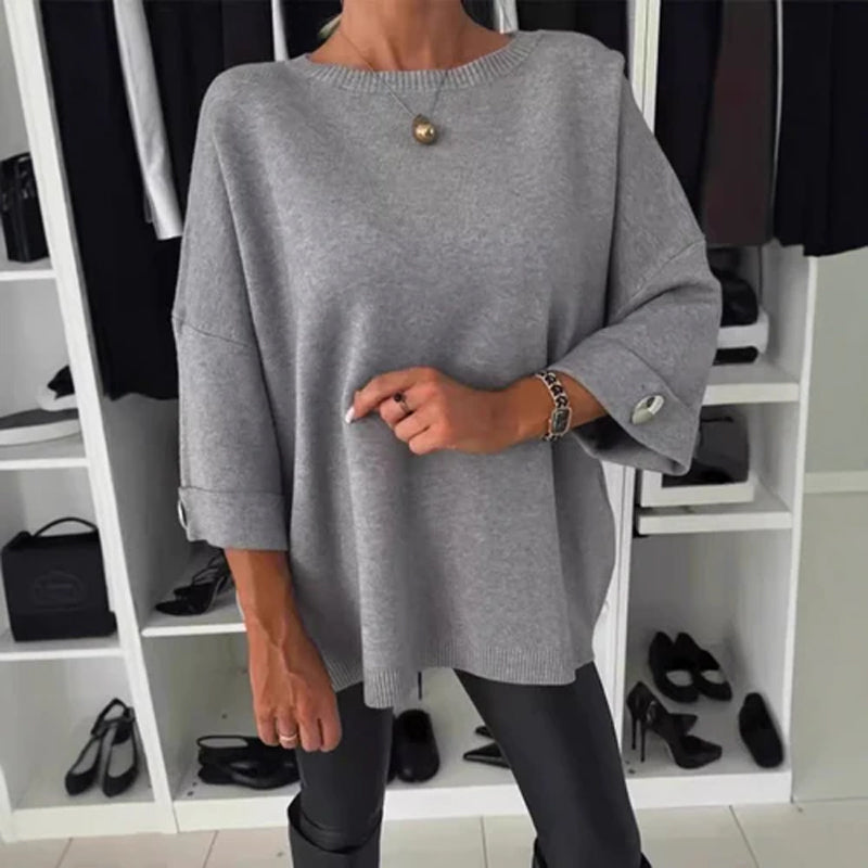 Jelisse | Locker sitzendes Stricktop für Damen – Lässiges und schickes Shirt mit 3/4-Ärmeln und Knopfdetails