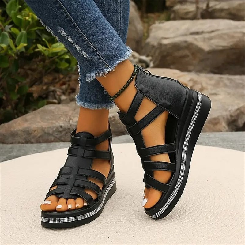 LustraWedge | Sandales pour femmes ornées de cristaux de roche - Design gladiateur élégant, talons compensés confortables