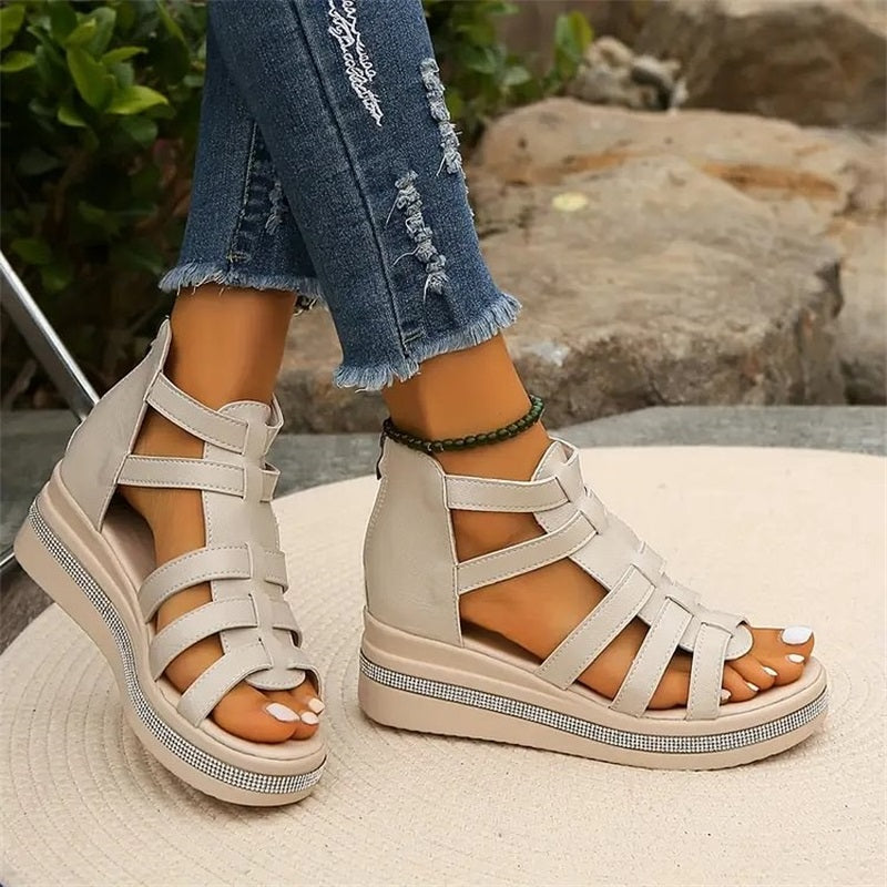 LustraWedge | Sandales pour femmes ornées de cristaux de roche - Design gladiateur élégant, talons compensés confortables