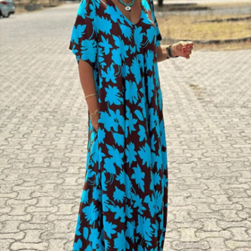 Kaelithra | Elegante maxi-jurk met print en V-hals voor dames