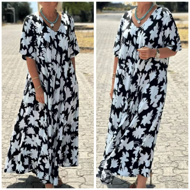 Kaelithra | Elegante maxi-jurk met print en V-hals voor dames