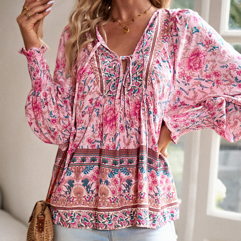 Vaelissea | Dames boho blouse met lange mouwen, V-hals en bloemenprint – retro casual blouse