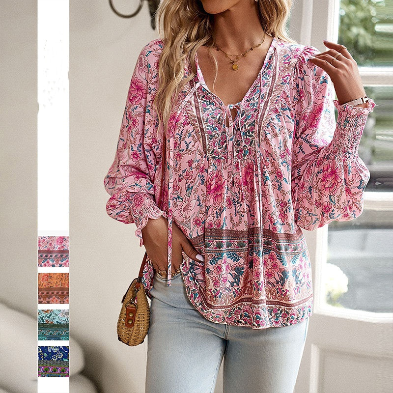 Vaelissea | Dames boho blouse met lange mouwen, V-hals en bloemenprint – retro casual blouse