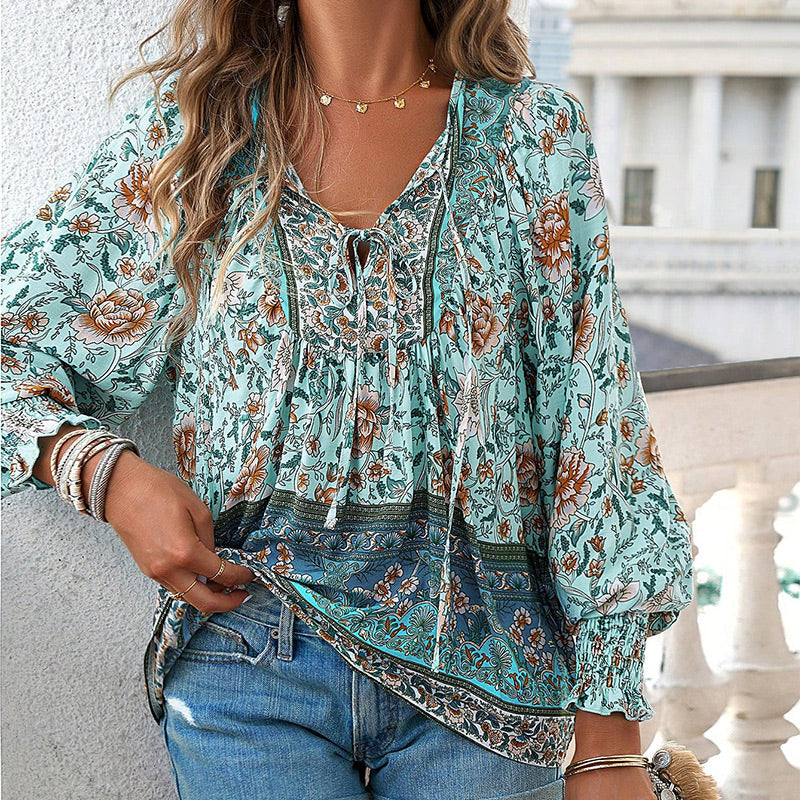 Vaelissea | Dames boho blouse met lange mouwen, V-hals en bloemenprint – retro casual blouse