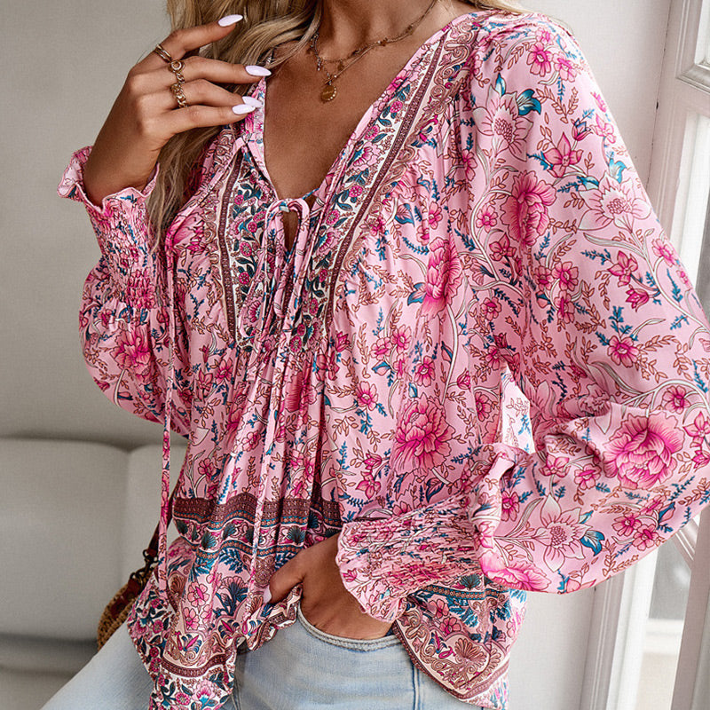 Vaelissea | Dames boho blouse met lange mouwen, V-hals en bloemenprint – retro casual blouse