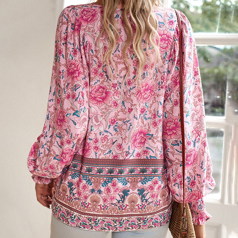 Vaelissea | Dames boho blouse met lange mouwen, V-hals en bloemenprint – retro casual blouse