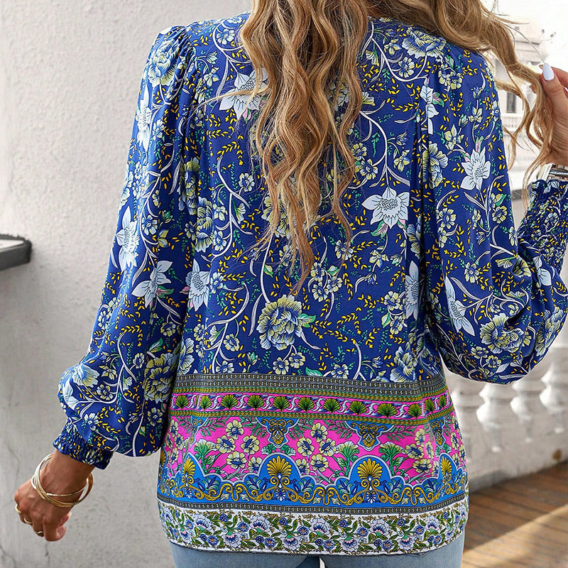 Vaelissea | Dames boho blouse met lange mouwen, V-hals en bloemenprint – retro casual blouse