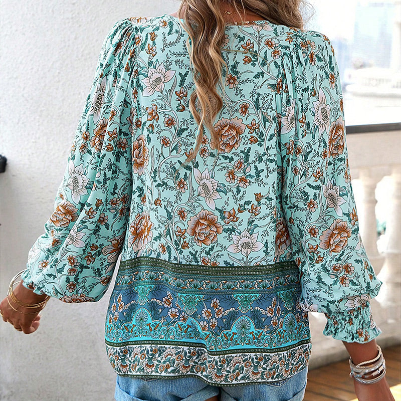 Vaelissea | Dames boho blouse met lange mouwen, V-hals en bloemenprint – retro casual blouse