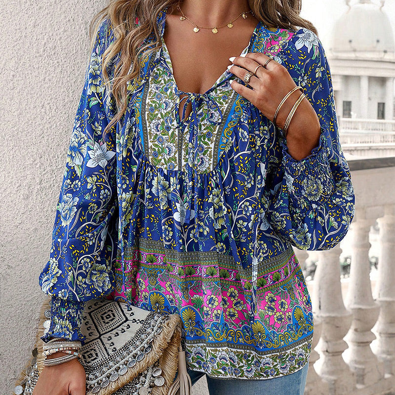 Vaelissea | Dames boho blouse met lange mouwen, V-hals en bloemenprint – retro casual blouse