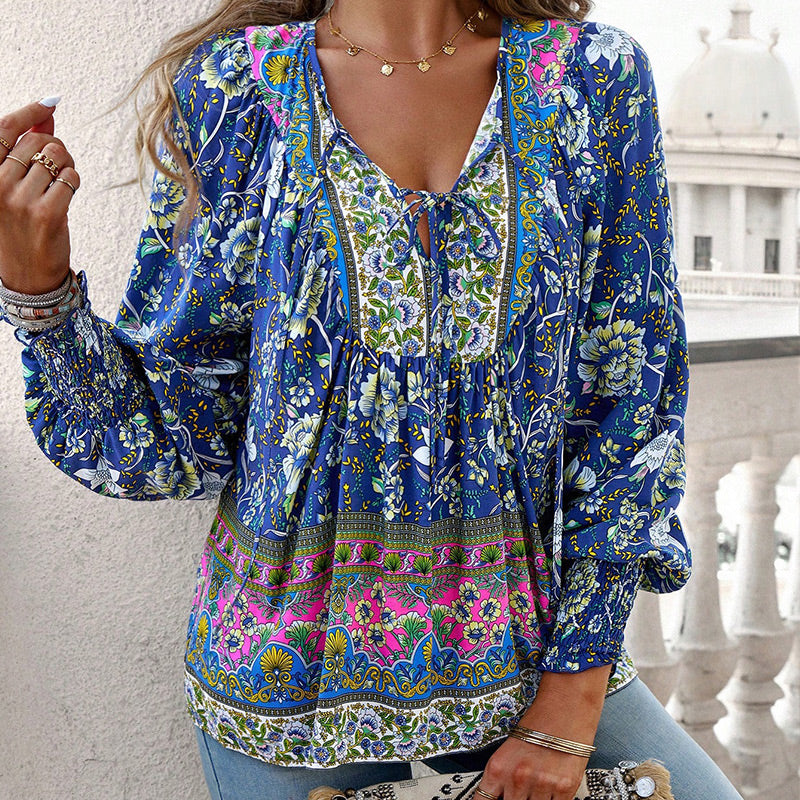 Vaelissea | Dames boho blouse met lange mouwen, V-hals en bloemenprint – retro casual blouse